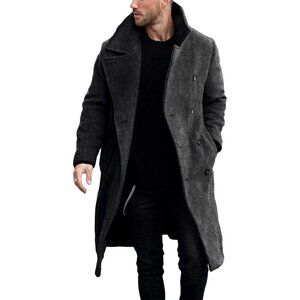 Mens Dark Grey Double Breasted Casual Lapel Collar Business Winter Trench Coat